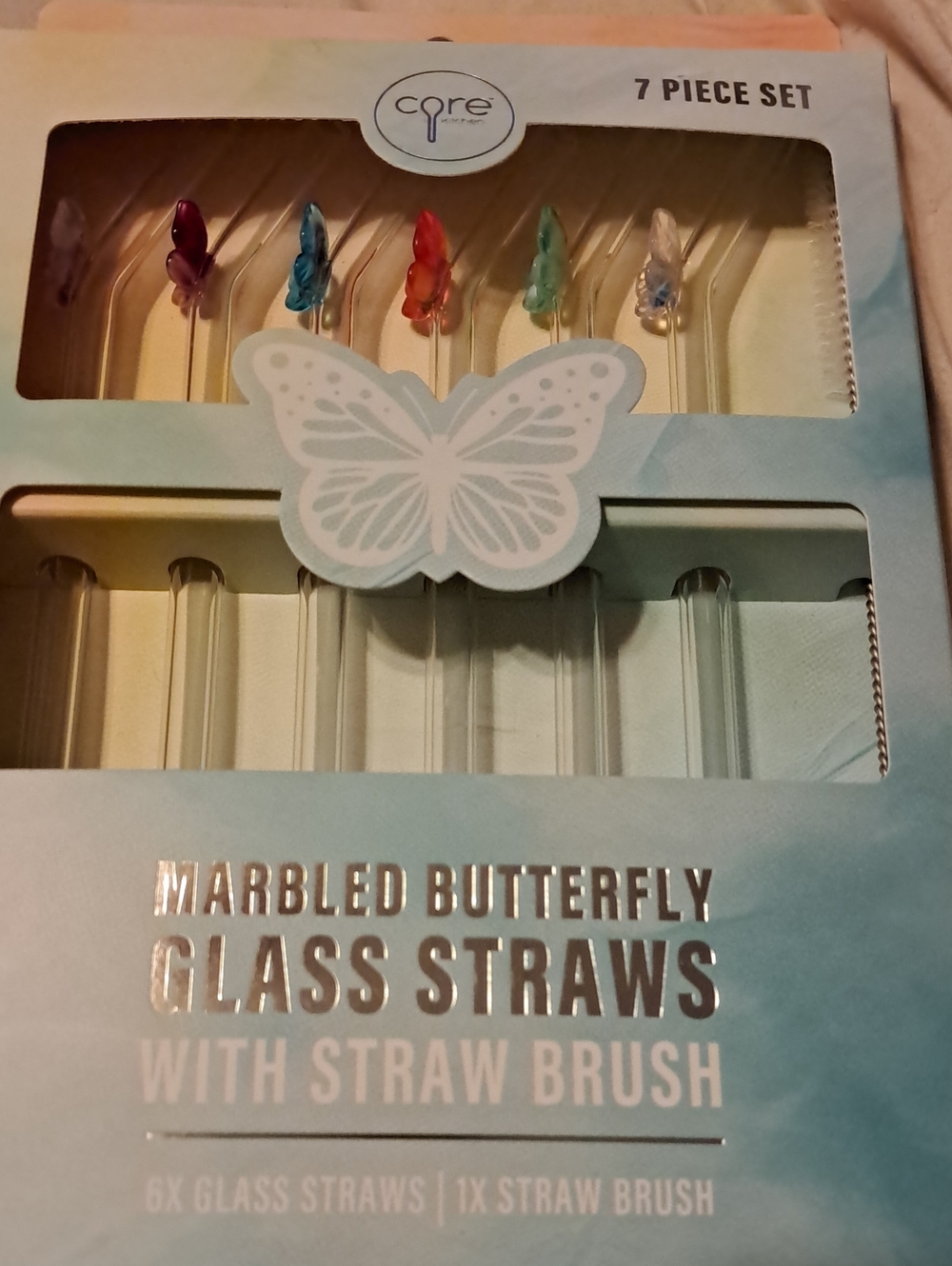 Core Home Marbled Butterfly Glass Straws - Multicolor (7-Piece)